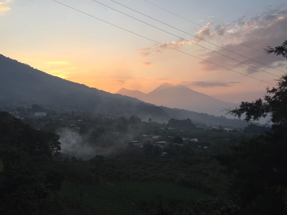 A view of the volcano Feugo behind Santa Maria, Guatemala